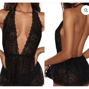 Victoria’s Secret Unlined Lace Plunge Babydoll Halter Top Black
